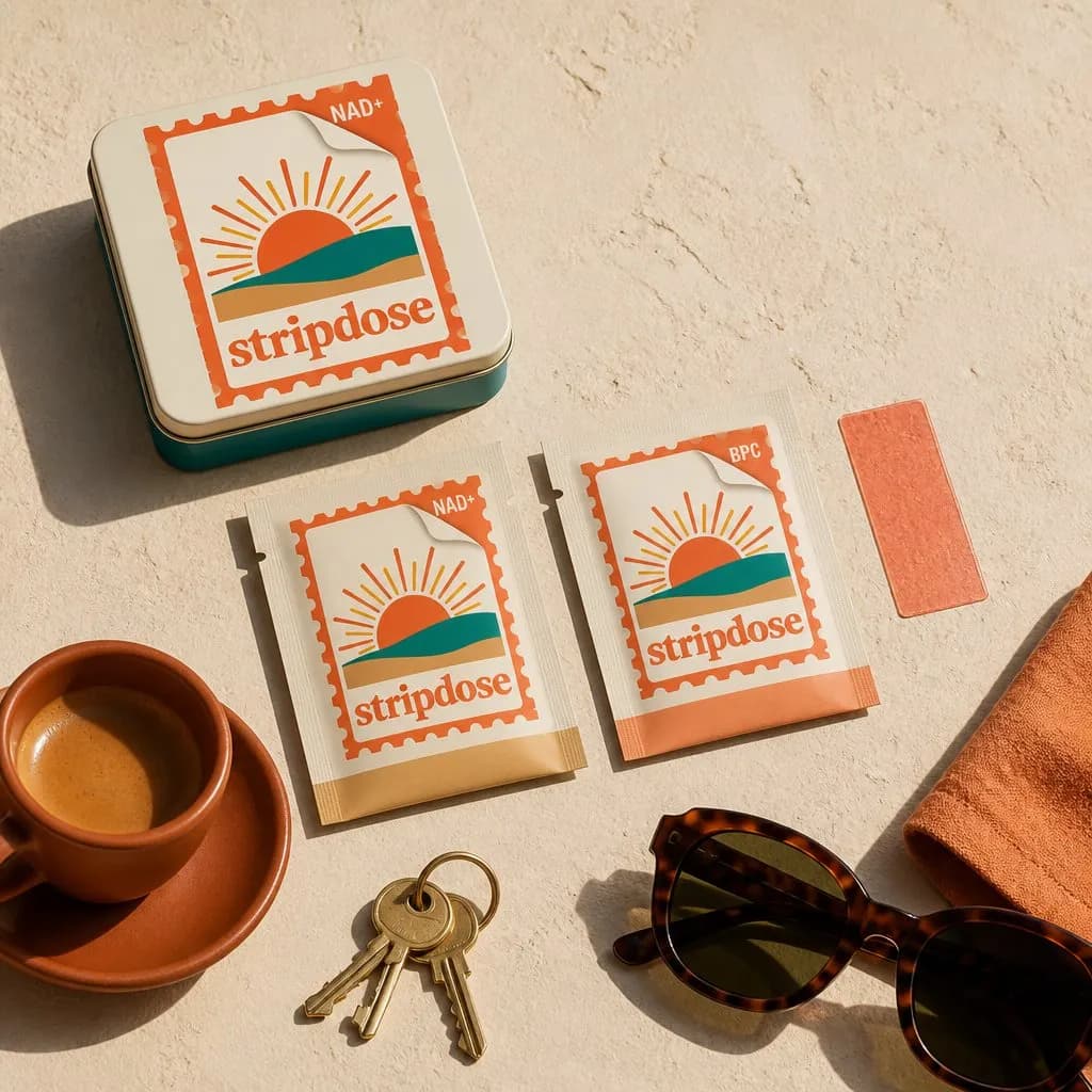 A daily-carry flatlay with the StripDose tin and sachets