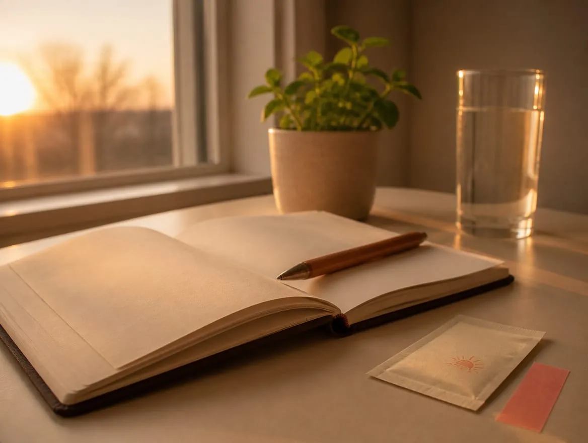 A considered fresh-start desk with a journal, water, and a StripDose sachet at dawn