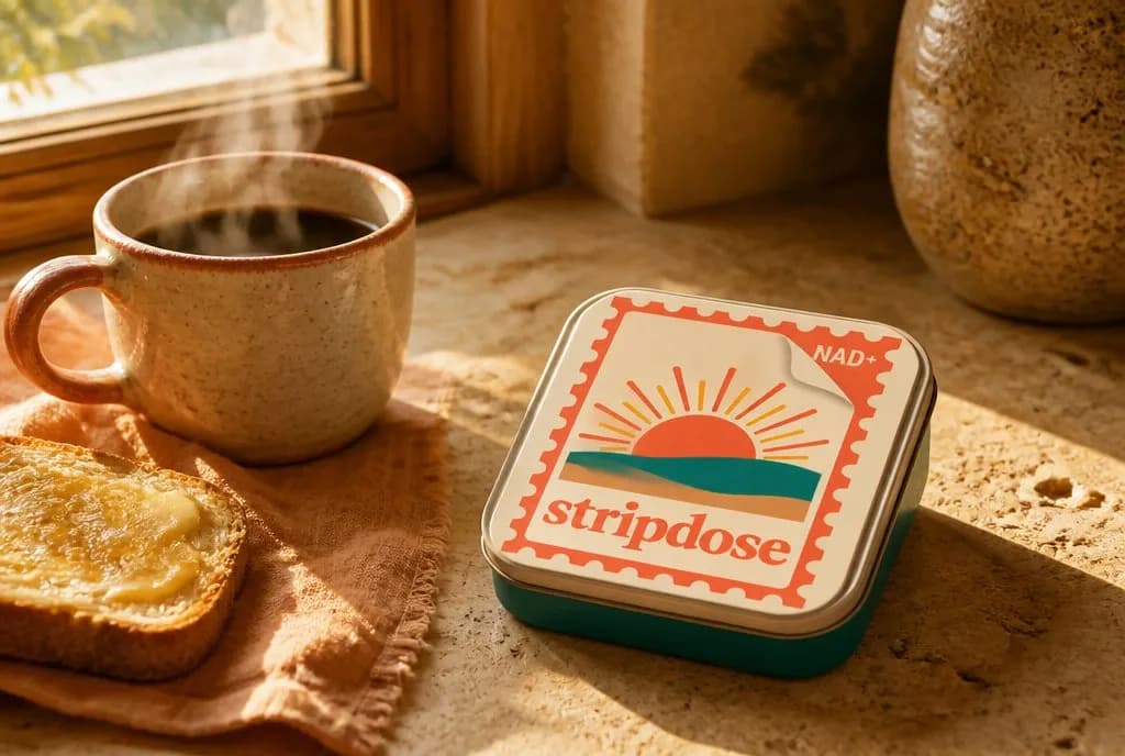 A StripDose NAD+ tin in warm morning light